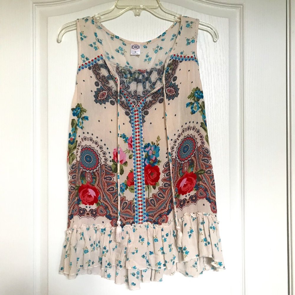 Bila Sleeveless Embroidered Floral Boho Top Size Small